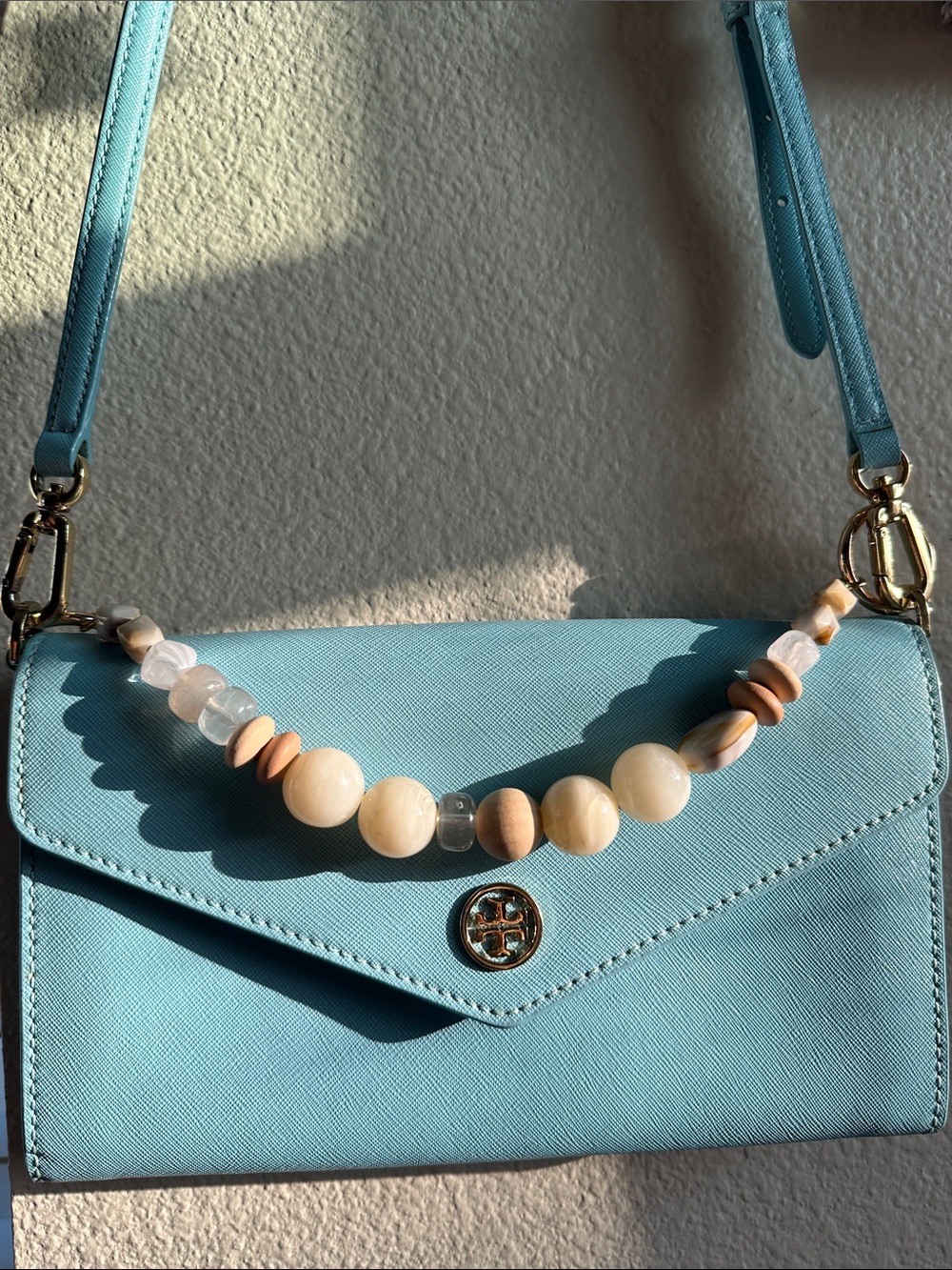 Tory Burch Sky Blue Wallet On Chain Crossbody Clutch w/ Custom Beaded Wristlet